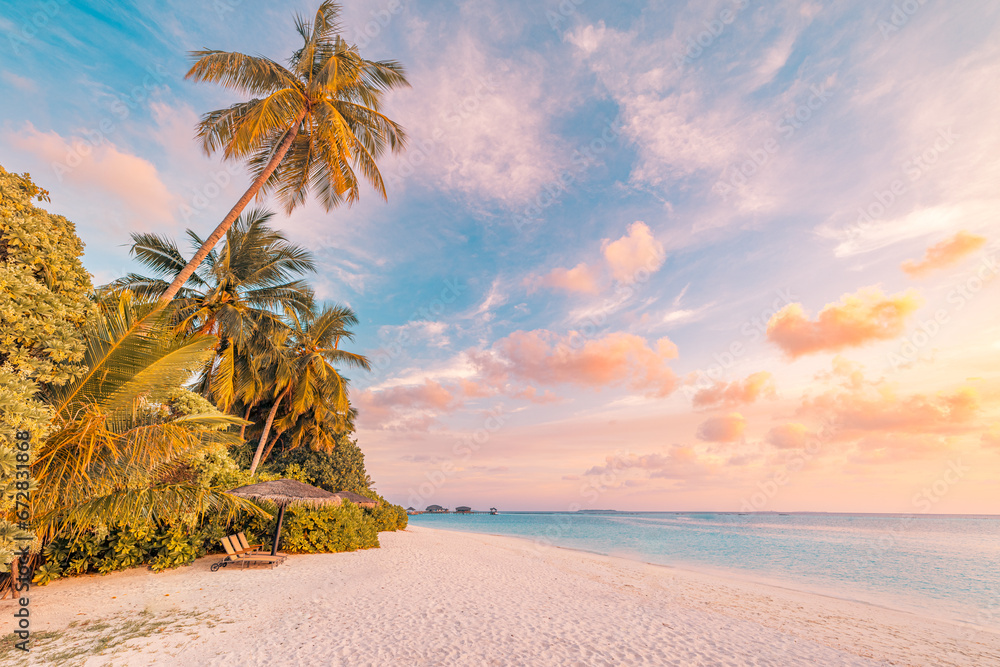 Amazing tropical sea beach serene sky sand sunset light. Relax paradise horizon coco palm trees and calm sea. Romantic vacation seaside beach best coast nature. Gorgeous landscape, stunning sky view - obrazy, fototapety, plakaty 