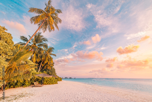Amazing tropical sea beach serene sky sand sunset light. Relax paradise horizon coco palm trees and calm sea. Romantic vacation seaside beach best coast nature. Gorgeous landscape, stunning sky view