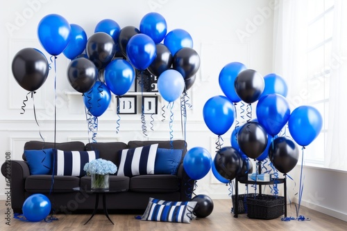 Vibrant blue, black, and white balloon trio floating gracefully against a pristine white background