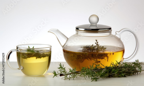 herbal tea in a glass teapot and tea cup with tea.
