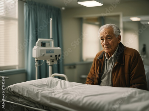 Old man is sitting at the hospital.