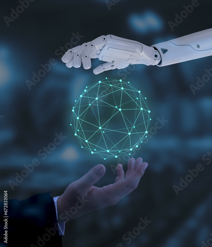 Human and robot hands touch the cyber network, the concept of human and AI collaboration in the virtual world.