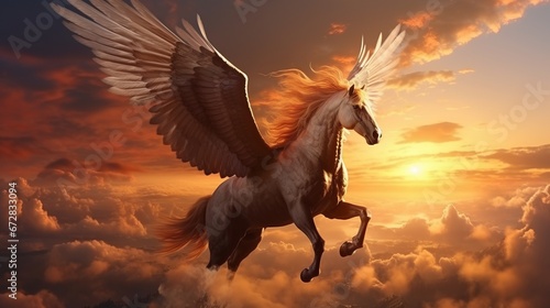 Flying Pegasus Soaring Gracefully Through the Heavenly Skies. A Majestic Winged White Horse Soaring Through the Celestial Sky. A white horse with wings flying through the sky