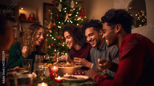 Group of friends enjoying a lively Christmas dinner party  filled with laughter and good cheer  in a warmly lit room decorated for the holiday season.
