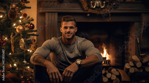 Wallpaper Mural A joyous man smiles warmly, seated next to a glowing fireplace and a beautifully decorated Christmas tree. Torontodigital.ca