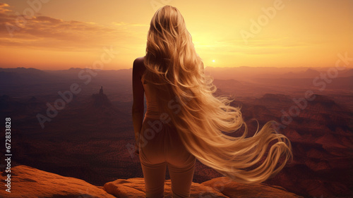 young woman in long red dress in the mountains at sunset