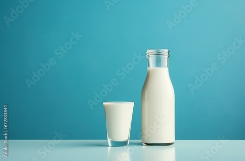 a bottle of milk and a cup of milk on the table, minimalism