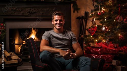 A joyous man smiles warmly, seated next to a glowing fireplace and a beautifully decorated Christmas tree. © MP Studio
