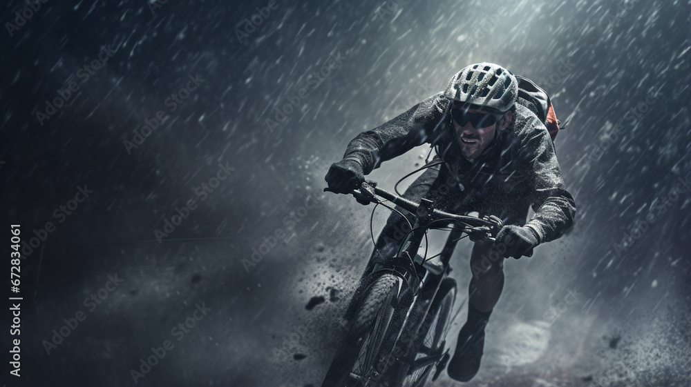 cyclist riding on bike in rain. mixed media cyclist riding on bike in rain. mixed media