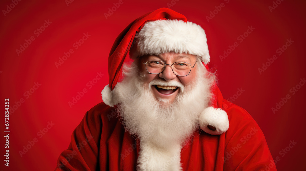 Close-up portrait of Santa Claus in a red hat, smiling warmly with a twinkle in his eye against a golden bokeh light background, embodying the festive spirit of Christmas. Close-up portrait of Santa Claus in a red hat, smiling warmly with a twinkle in his eye against a golden bokeh light background, embodying the festive spirit of Christmas.