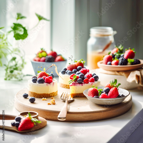 Classic simple New York cheesecake sliced on a wooden board, close-up