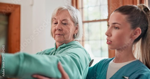 Wallpaper Mural Resistance band, rehabilitation or recovery with a nurse and old woman in an assisted living home for senior care. Fitness, healthcare or physiotherapy with a patient and caregiver in a clinic Torontodigital.ca