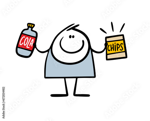 Cartoon happy child goes to the cinema, bought pack of chips and plastic bottle of cola. Vector illustration of a thick stickman and harmful food from advertising.