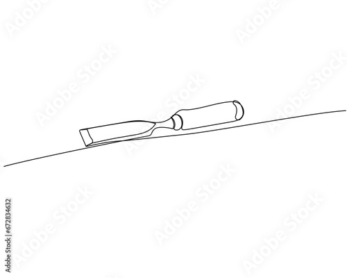 Chisel, woodworking tool, long-bladed hand tool with a beveled cutting edge one line art. Continuous line drawing of repair, professional, hand, people, concept, support, maintenance.