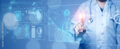 Healthcare medical doctor examining patient heart disease illness diagnosing symptoms, holographics UI assistance futuristic technology, information analysis diagnostic examination surgical surgeon photo