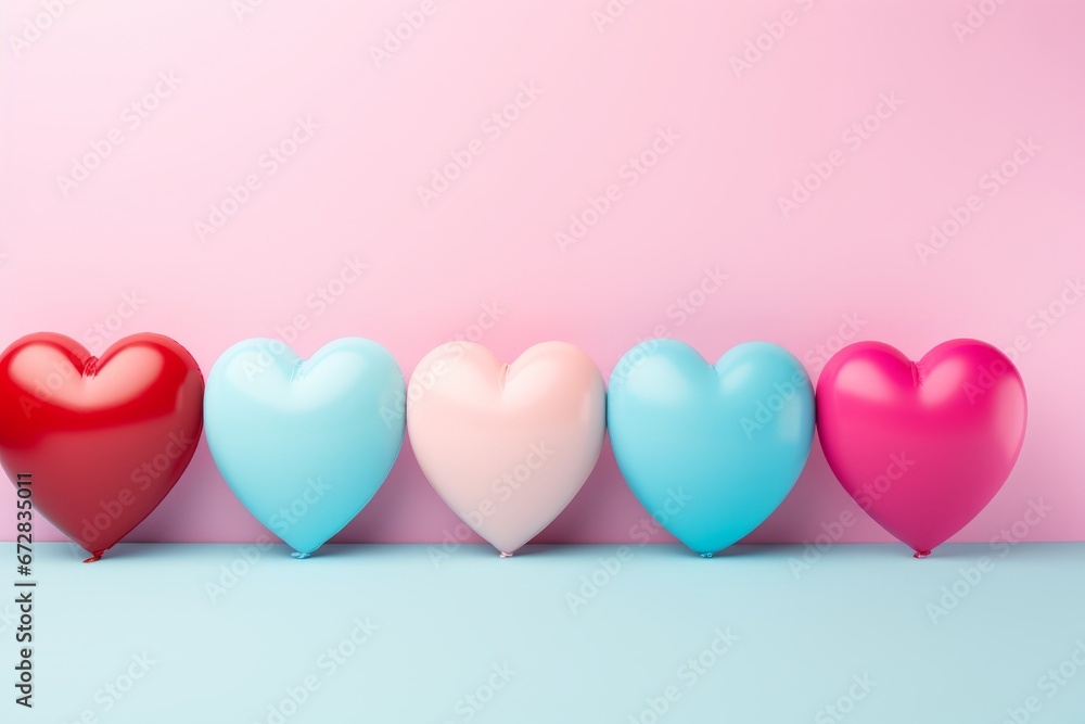 Heart shaped balloons on blue pastel background, love celebration for valentine, wedding, birthday