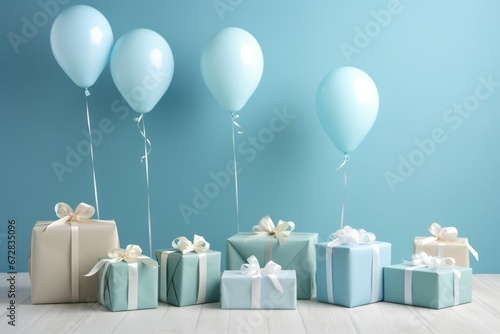 Heart shaped balloons and gift boxes on blue background happy birthday fathers day concept