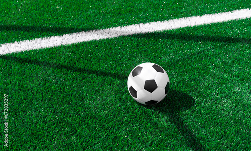 Black and white soccer and football ball in the field. Horizontal sport theme poster  greeting cards  headers  website and app