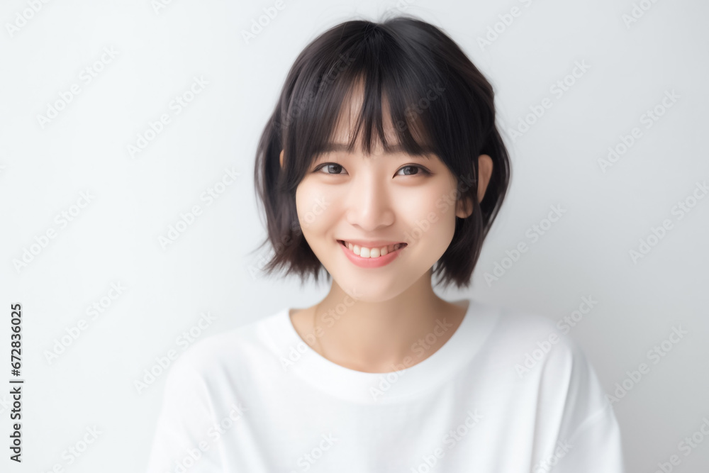 An Asian girl with captivating big eyes, a short bobtail hairstyle, and a subtle smile exudes cuteness and innocence against a semi desaturated gray backdrop. Generative AI. An Asian girl with captivating big eyes, a short bobtail hairstyle, and a subtle smile exudes cuteness and innocence against a semi desaturated gray backdrop. Generative AI.
