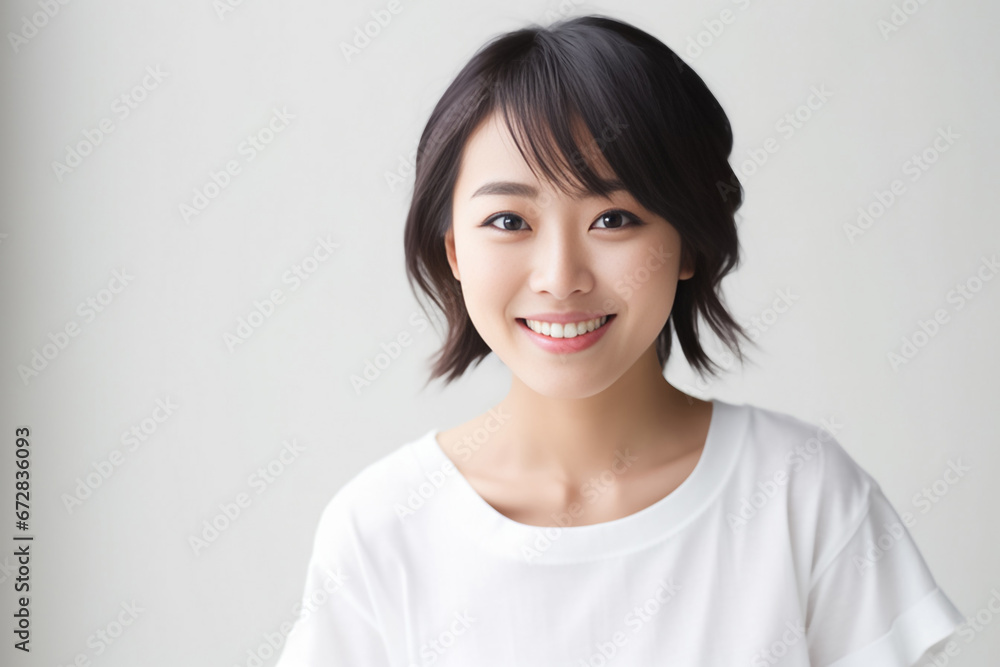An Asian girl with captivating big eyes, a short bobtail hairstyle, and a subtle smile exudes cuteness and innocence against a semi desaturated gray backdrop. Generative AI. An Asian girl with captivating big eyes, a short bobtail hairstyle, and a subtle smile exudes cuteness and innocence against a semi desaturated gray backdrop. Generative AI.