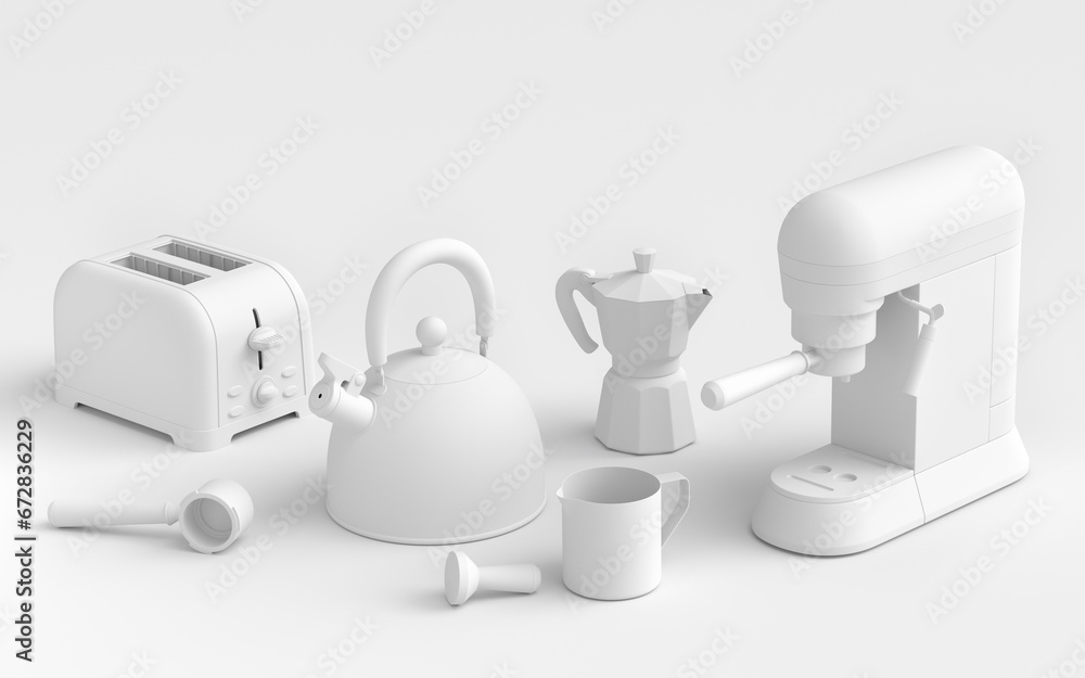 Naklejka premium Kitchen appliances and utensils for making breakfast on monochrome background
