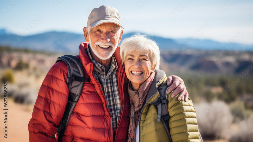 Elderly couple with joyful smiles, taking a selfie while hiking outdoors, equipped with backpacks, hats, and sunglasses, amidst a lush green forest backdrop.