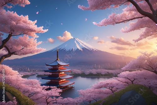 sun sets over Mount Fuji, a dragon made of cherry blossoms and flower petals dances in the sky, its gentle breath bringing warmth and life to the surrounding landscape