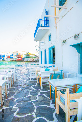 View of the famous pictorial Little Venice bay of Mykonos town in Mykonos island in Greece