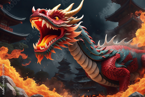 The dragon's fire embodies the fusion of Japanese heritage and the elemental force of fire