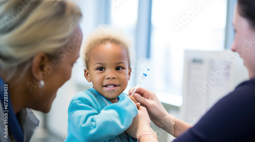 A joyful young child with a red ribbon in her hair smiles at a doctor in a clinic during a medical examination.
