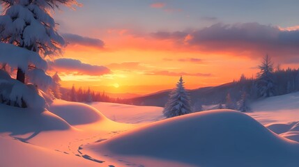 Papier peint photo Corail sunset in a impressive frozen woodland, winter sundown landscape, winter forest wallpaper, snowy beautiful forest landscape  © Eric