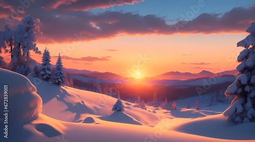winter sundown landscape, winter forest wallpaper, snowy beautiful forest landscape, sunset in a impressive frozen woodland