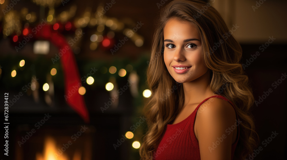 Fototapeta premium A joyful woman with curly hair and a radiant smile is illuminated by the warm glow of Christmas lights and wrapped gift in the foreground.