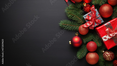A festive arrangement of red Christmas baubles, beautifully wrapped gifts, and pine branches against a textured black background.