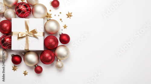 Christmas baubles, intricately wrapped gifts, and shimmering beads scattered on a pristine white background.