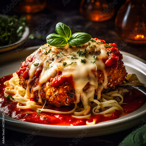 Close up chicken parmigiano with linguini pasta in plate