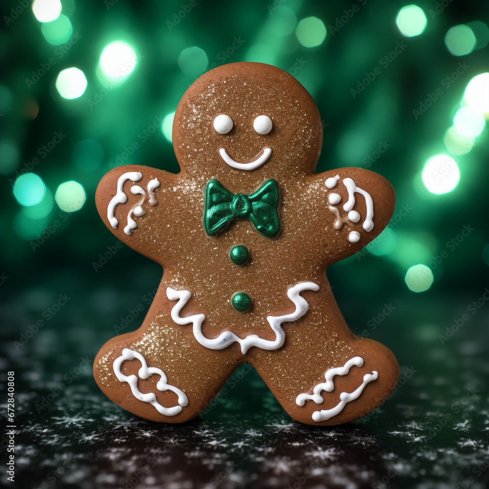 Gingerbread man centered on a dark green bokeh background.  Christmas cookie.