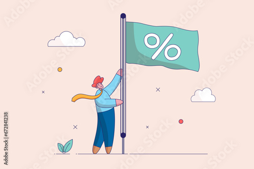 Businessman raises a flag with a percentage symbol to the top of a pole. Business illustration concept. Interest rate hikes due to rising inflation. US Fed raises interest rates. Flat vector.
