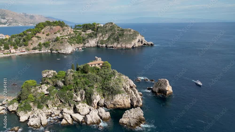 Drone flight over Isola Bella in Taormina, Sicily Drone flight over Isola Bella in Taormina, Sicily