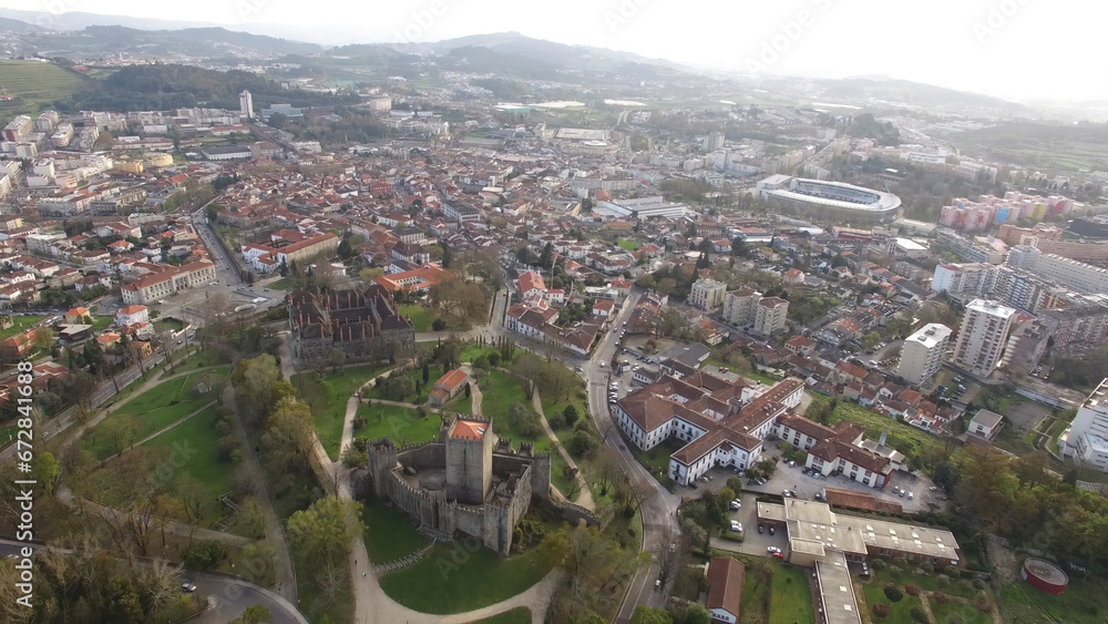 Aerial View of City and Medieval Castle of Guimarães, North of Portugal