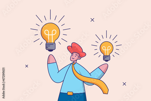 Concept of idea, brainstorm, thinking, solution, eureka, bingo. Man with lightbulb choising right one, makind decision. Flat vector business illustration.