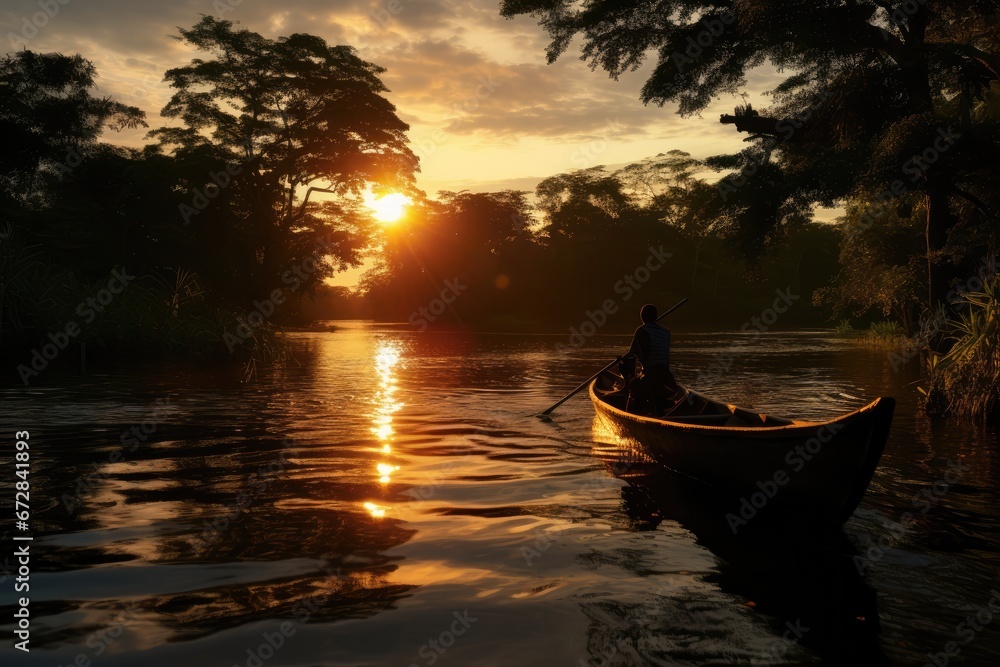 Indigenous Women Fishing Beside An Amazon River At Sunset