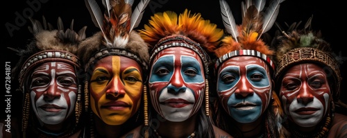 Indigenous Group With Face Paintings And Headdresses Amazon Region photo
