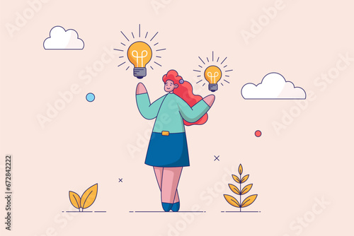 Concept of idea, brainstorm, thinking, solution, eureka, bingo. Woman with lightbulb choising right one, makind decision. Flat vector business illustration.