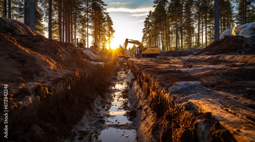 An excavator is excavating a trench in the woods against an awe-inspiring sundown backdrop.