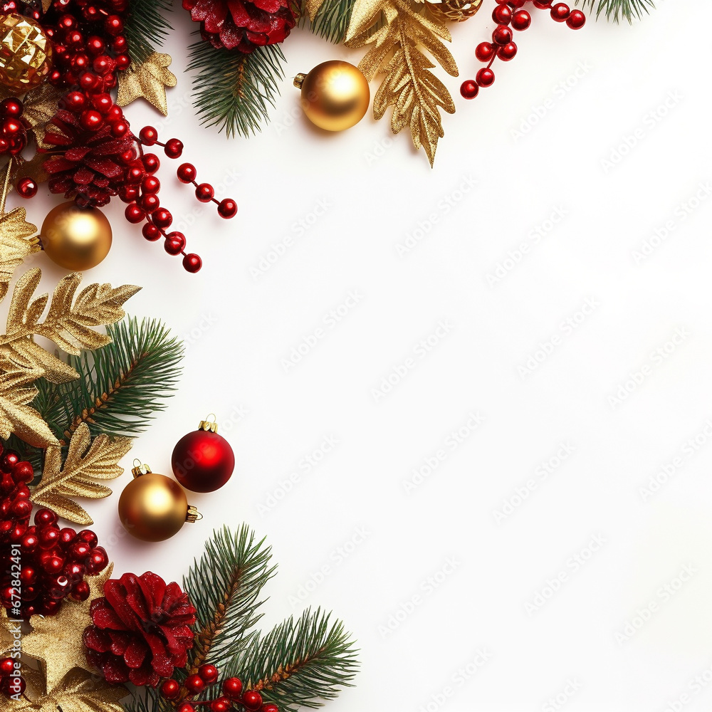 Bright Christmas frame of spruce, red & gold christmas decorations on white background. Copy space. Winter holidays, New Year Bright Christmas frame of spruce, red & gold christmas decorations on white background. Copy space. Winter holidays, New Year