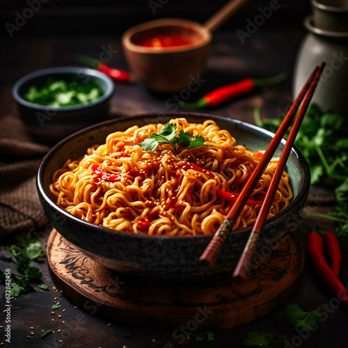 Vegetarian schezwan noodles or hakka or chow mein vegetable noodles in a black bowl on a dark background. Schezwan Noodles is a hot Indochinese dish with udon noodles, vegetables and chili sauce. photo
