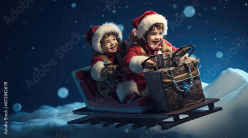 Joyful children in Santa outfits ride a Christmas sleigh filled with gifts and a teddy bear, soaring through a magical snowy night sky.
