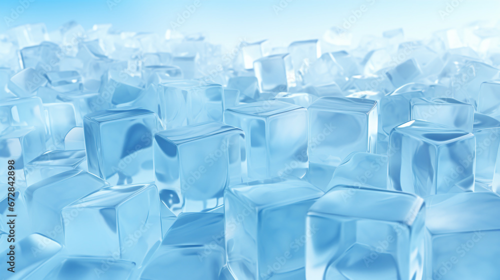 Obraz premium A 3D representation of clusters of ice cubes arrayed on a frosty, light-blue plane.