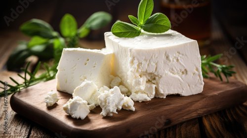 Blocks of fresh feta cheese are displayed on a wooden board, surrounded by aromatic rosemary and crumbled pieces, all set against a rustic backdrop. photo